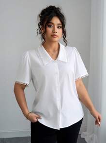 Elenzga 加大码女式优雅白色衬衫，商务休闲衬衫，彼得潘领和蕾丝花边