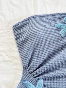 Soleia 女士亮橙色热带岛屿度假抹胸褶饰裹身荷叶边海星装饰海滩迷你连衣裙 - 藍色 - 查看 7