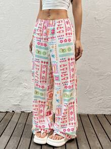 SHEIN EZwear 女士花卉印花松紧腰阔腿宽松度假裤 - 彩色 - 查看 1