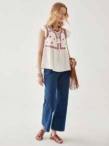 Florisole 女式春夏 V 领杏色流苏和刺绣花卉短袖衬衫