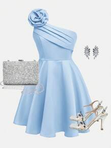 Girlism Vestido corto de fiesta de gala para chica preadolescente con un hombro, volantes y decoración floral 3D en el hombro, elegante y lujoso