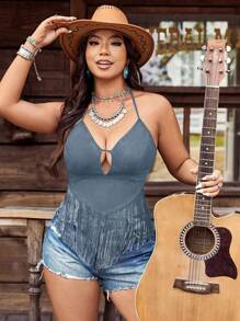 SHEIN LUNE Plus Size Women Bohemian Fringed Suede Jumper Top - Dusty Blue - View 1