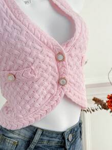 Sweetra Summer Girls Cute Deep V-Neck Hollow Out Knitted Vest, Flattering & Stylish - Pink - View 6