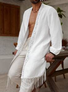Manfinity RSRT Plus Size Men Casual Geometric Print Tassel Hem Long Sleeve Maxi Shirt, Vacation Style