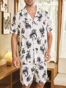 CoupledUp Conjunto de pijama para hombre con estampado de flores de tinta, cuello vuelto, apertura frontal y mangas cortas con pantalón corto - Blanco y Negro - Ver 7