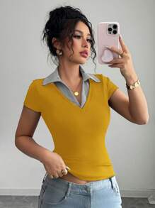 Chiquease Rafferiza 女士奶油黄休闲通勤优雅商务休闲度假舒适成熟优雅性感V领条纹拼接二合一外出上衣黄色罗纹面料高弹修身短袖老钱风格灵气风格春夏T恤 - 黃色 - 查看 3