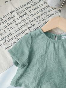 SHEIN LMoss Kids LMoss 女婴休闲简约纯色宽松短袖上衣松紧腰长裤套装，适合夏季 - 綠色 - 查看 5