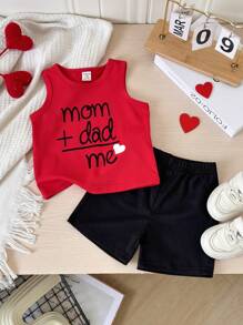 SHEIN 2Pcs Baby Boy Casual "Mom + Dad = Me" Letter Print Top And Black Comfortable Shorts Outfit, Suitable For Daily Wear And Mother's Day, Summer, Kid Clothes, Toddler Clothes, Baby Outfit, Infant Baby Boys Outfits, Toddler Tank Top, Toddler Short, Baby Set, 6M-3T - Red - View 3