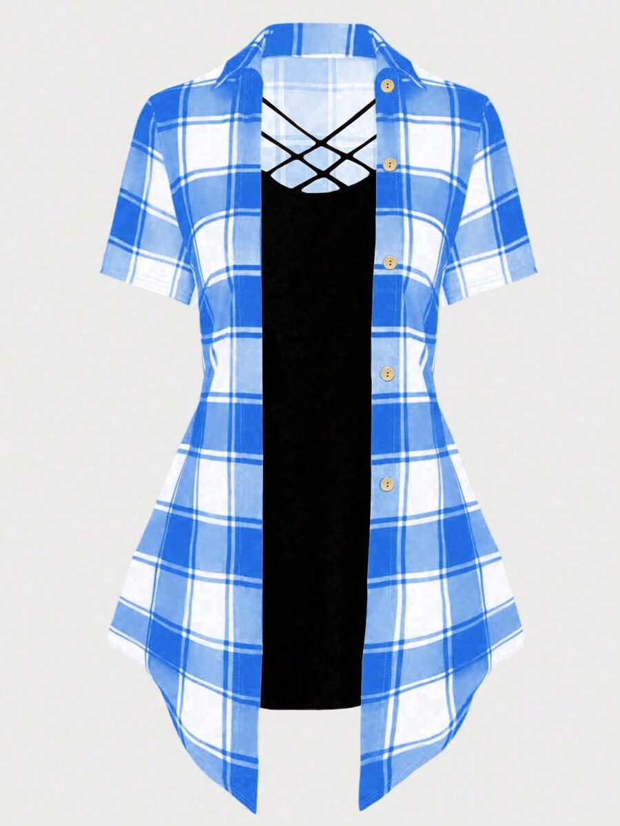 SHEIN LUNE 大码女式夏季格子拼布短袖休闲T恤(二合一设计)图案T恤女式上衣 - 彩色 - 查看 1
