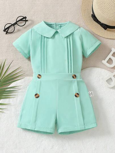 Conjunto de camisa de manga corta con cuello de Peter Pan de unicolor y pantalones cortos de unicolor en estilo caballero para bebé niño, de moda, suave y cómodo, apropiado para atuendo de verano