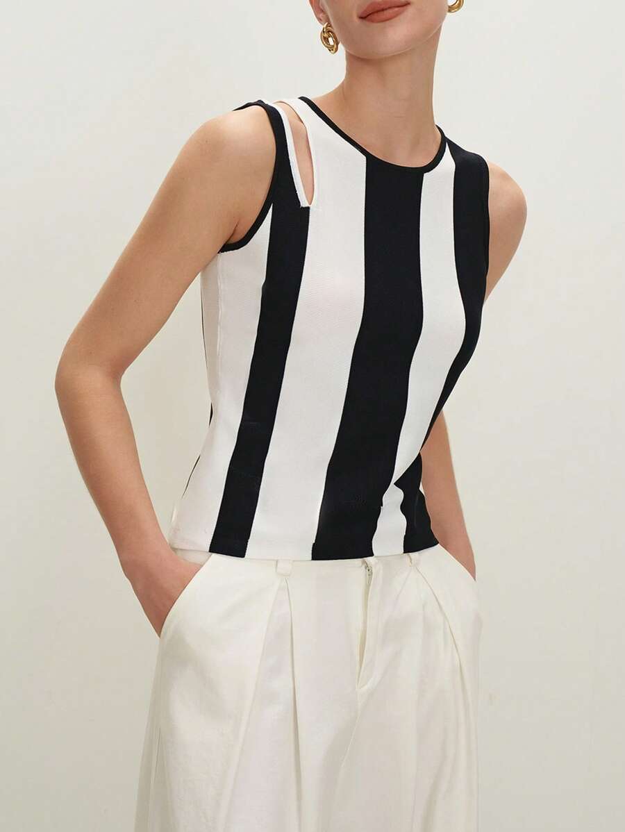 BizChic 2025夏季新款独立日音乐节派对优雅百搭婚宴早午餐都市时尚通勤日常休闲春夏新款高端优雅黑白条纹镂空无袖针织上衣 - 黑與白 - 查看 1