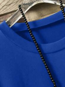 Plus Size Summer Casual Loose Button Decor Asymmetric Hem T-Shirt - Royal Blue - View 3