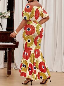 SHEIN Lady  Spring And Summer Elegant Plus Size Flounce Sleeve Mermaid Off The Shoulder Orange Yellow Plus Size Dresses Valentine's Day New Year Party Women Dress Vacation Outfits Woman - Multicolor - View 2