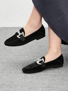 CUCCOO BIZCHIC Women Velvet & Canvas 2025 Spring New Arrival Crystal Embellished Mary Jane Flats, Fashionable - Black - View 1