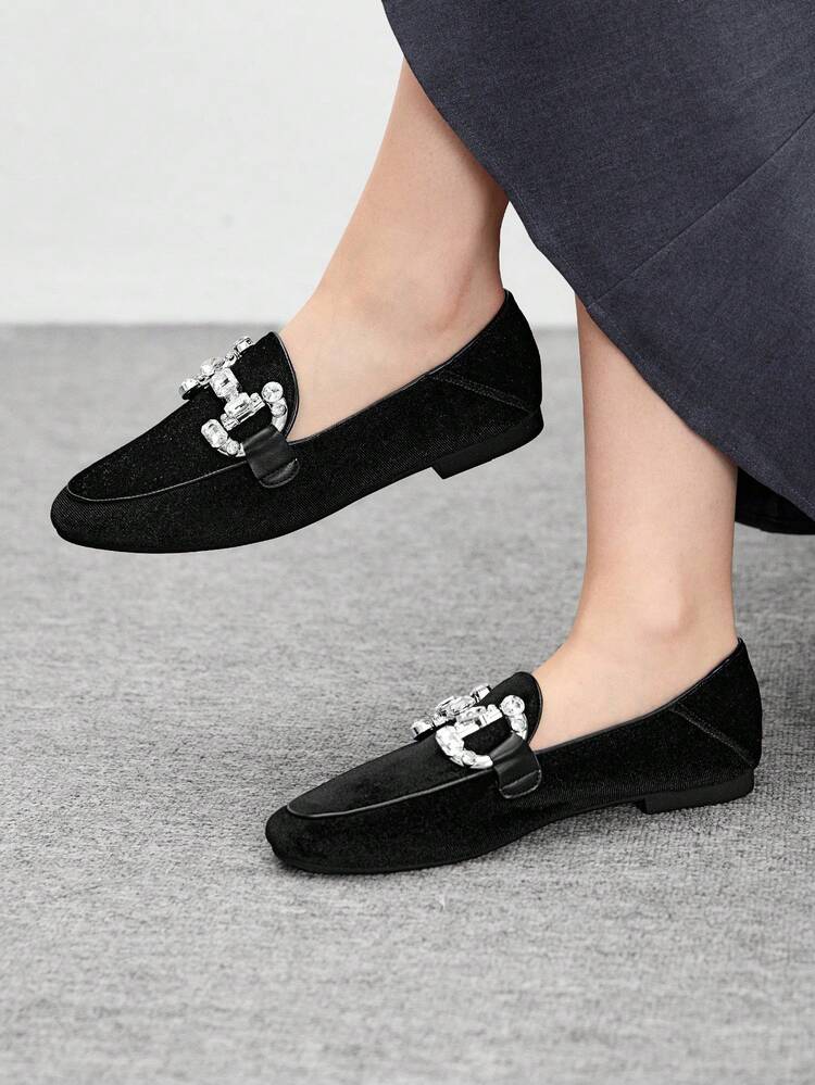 CUCCOO BIZCHIC Women Velvet & Canvas 2025 Spring New Arrival Crystal Embellished Mary Jane Flats, Fashionable