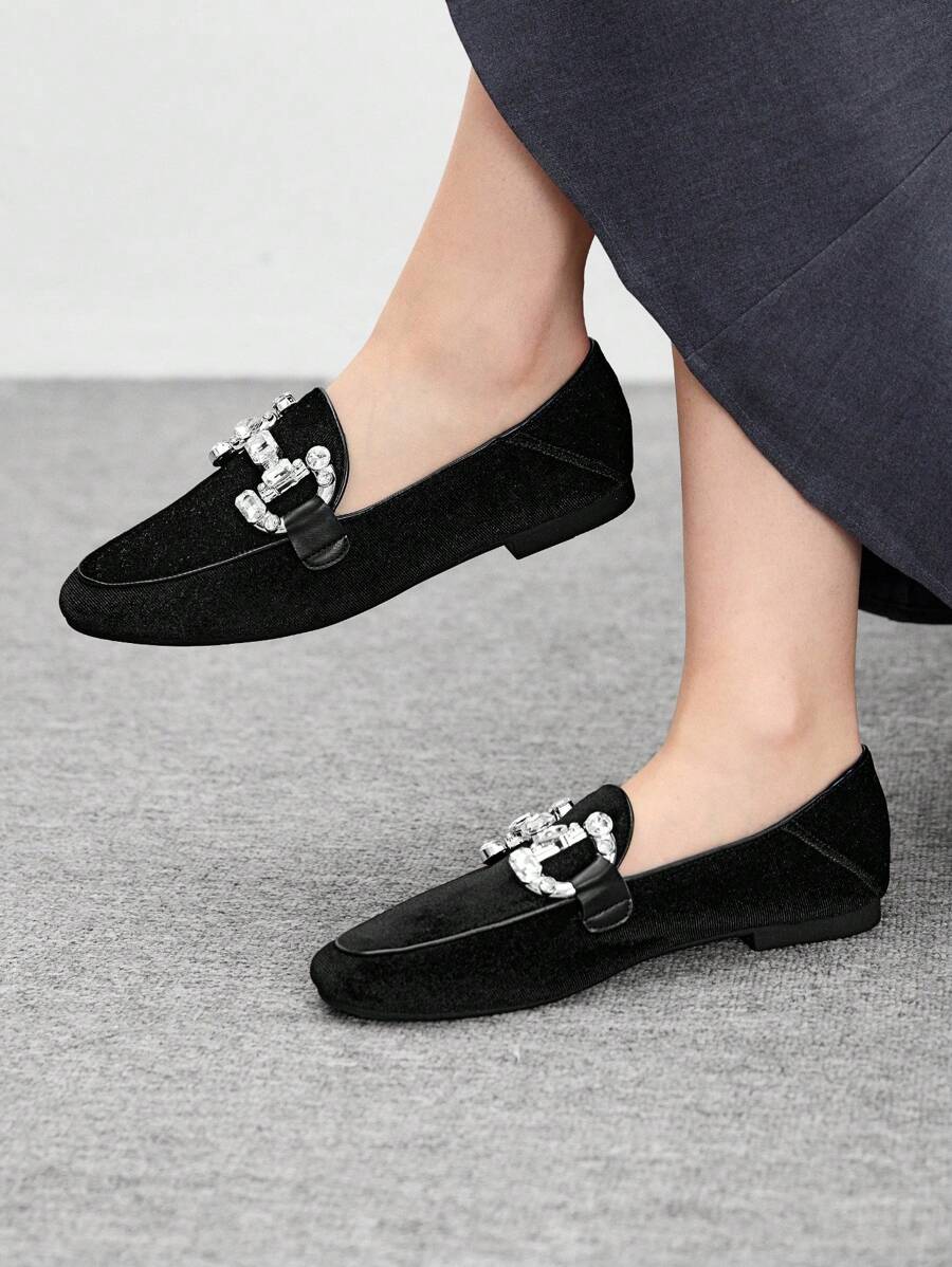 CUCCOO BIZCHIC Women Velvet & Canvas 2025 Spring New Arrival Crystal Embellished Mary Jane Flats, Fashionable - Black - View 1