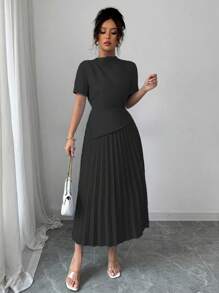 Elenzga 女士春夏通勤度假百褶系带连衣裙 - 黑色 - 查看 5