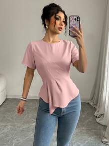 Elenzga Blusa de unicolor con cuello redondo, manga corta, ajustada y con dobladillo fruncido, elegante y versátil para usar en la oficina - Rosa - Ver 1