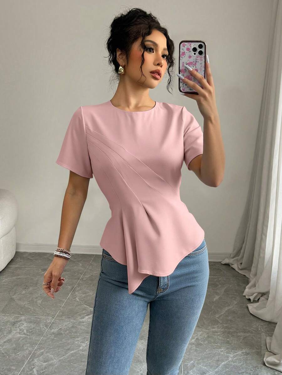 Elenzga Blusa de unicolor con cuello redondo, manga corta, ajustada y con dobladillo fruncido, elegante y versátil para usar en la oficina - Rosa - Ver 1
