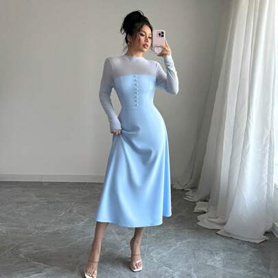 여성용 허리 조이기 대비 메쉬 패널 A라인 롱 드레스, 졸업 시즌에 우아함