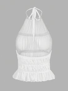 SHEIN ICON Women's Solid Color Pleated Fashionable Halter Neck Mesh See-Through Top - White - View 2