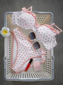 Swim Mod 波尔卡圆点泡泡茶色珍珠边分体泳衣套装