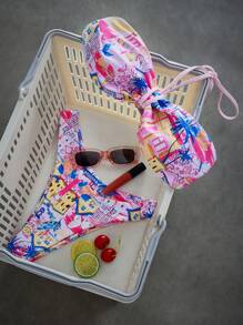 Swim Mod Women's Summer Beach Palm Tree Print Halter Tie-Up Sexy Bikini Set - Multicolor - View 6