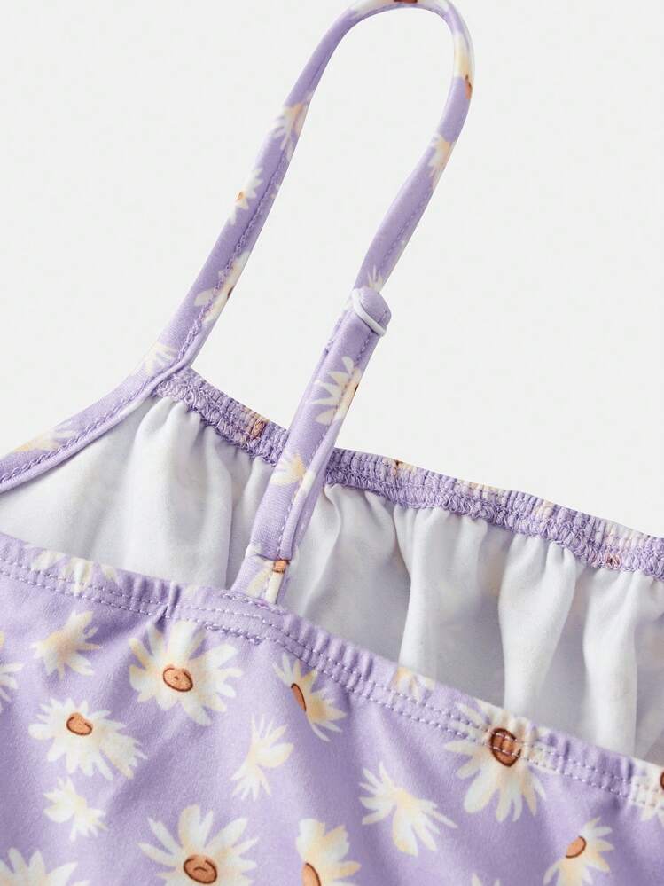 SHEIN Girlism Tween Girl Knitted Ditsy Floral Casual Spaghetti Strap Split Hem Dress - Mauve Purple - View 3