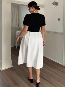Dazy Plus Plus Size Color Blocking Cinched Waist Short Sleeve A-Line Hem Elegant Summer Dress - Apricot - View 2