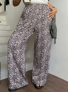 Dazy Plus Elastic Waist Loose Straight Leg Leopard Print Casual Pants, Spring/Summer - Black - View 4