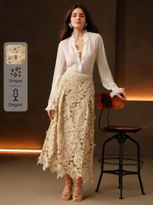 Anewsta Women Elegant Waist-Defining Jacquard Pattern A-Line Skirt, Versatile For Spring, Festival, Casual, Holiday, Beach - Khaki - View 1