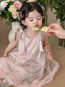 DAZY Baby Girl Bowknot Bandage Mesh Summer Elegant Sleeveless Dress - Dusty Pink - View 8
