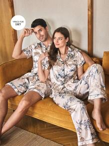 Men's Floral Faux Silk Short Sleeve Shorts Pajama Set Pajama Sets For Couples
