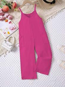 SHEIN Young Girl Summer Casual Solid Color Dual Pocket Jumpsuit - Hot Pink - View 3