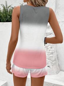 SHEIN LUNE 2pcs Summer Ombre Pattern Crew Neck Sleeveless Tank Top & T-Shirt Set For Women, Casual Island Vacation Outfits