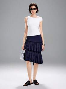 LYSMO Asymmetrical Pleated Blue Skirt, Fashionable For Summer - Navy Blue - View 8