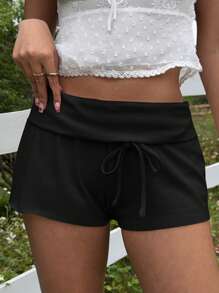 SHEIN EZwear 女士夏季休闲纯色低腰短裤 - 黑色 - 查看 5