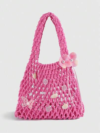 Fairycore 1pc Fashionable Personalized Spring/Summer Beach Vacation Style Orange Ocean Woven Beach Bag, Large Size Women Handbag