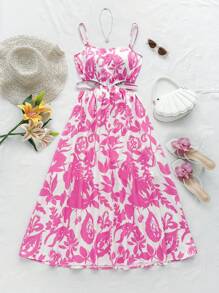 Soleia Women's Vacation Loose Fit Floral Print Hollow Out Waist Long Swing Dress, Suitable For Summer, Christmas, Party, Valentine's Day, Date, Afternoon Tea - Multicolor - View 4