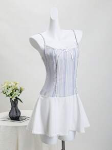 SHEIN Unity Vestido de tirantes con volantes en el bajo, estampado patchwork a rayas de colores dulces - Multicolor - Ver 8
