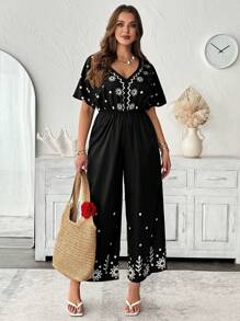 Flirla New Fashion Deep V-Neck Printed Black Waisted Long Sleeve Jumpsuits - Black - View 4