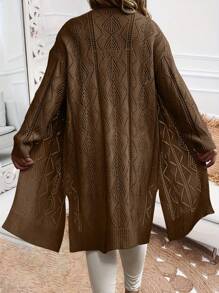 Calvaya Plus Size Women's Fashion Single-Breasted Long Cardigan Sweater, Casual Knitted Mid-Length Open Front Coat - Coffee Brown - View 2
