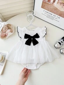 Newborn Baby Girl Cute Summer Versatile Knit Mesh Patchwork Bow Decor Cap Sleeve Bodysuit