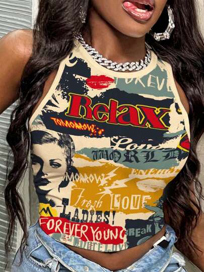 Slaydiva 2025 Spring & Summer Casual Minimalist Vintage Poster Graphic Print Tight-Fitting Crew Neck Tank Top For Women, Suitable For Summer