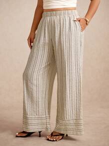 Elaquor Plus Size Striped Casual Pants, Fashionable For Summer - Black and White - View 5