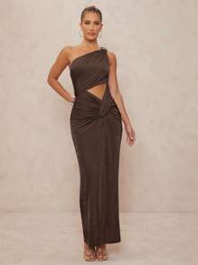 Lumalex 1pc Women's Metal Decor Ruched Twist Bodycon Extra Long Dress - Chocolate Brown - View 5