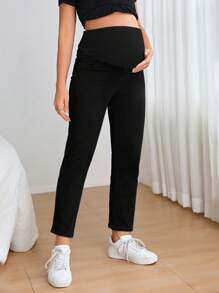 SHEIN Pregnant Women's Casual Versatile Solid Color Tapered Straight Leg Jeans Maternity Black Denim Pants - Black - View 5
