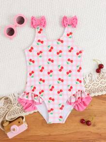 SHEIN 1 件女童荷叶边印花泳衣/泳装