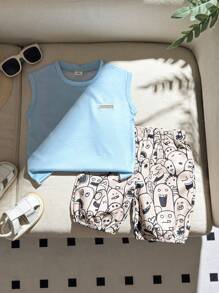 Conjunto de parte superior sin mangas y pantalones con estampado de graffiti y dibujos animados para bebé