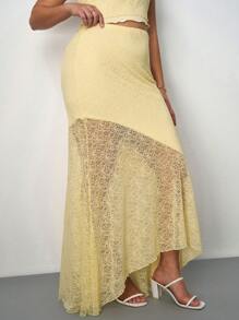 SHEIN Tall CURVE Plus Spring/Summer Vacation/Wedding Season Asymmetrical Lace Vest With Sheer Hem And Low Waist Fish Tail Ruffled Skirt 2 Pieces Set - Apricot - View 4